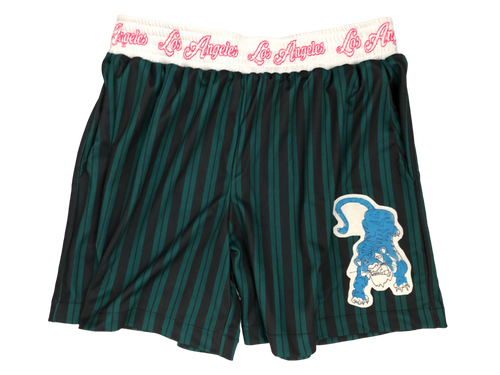 This is a photo of SleeperBear's right green and black striped athleisure shorts with a stunning teal blue tiger patch and a pink and white Los Angeles printed waistband