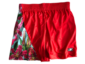 This is a photo of the back of SleeperBear's bright red athleisure shorts with a stunning blue floral design and features the SleeperBear logo